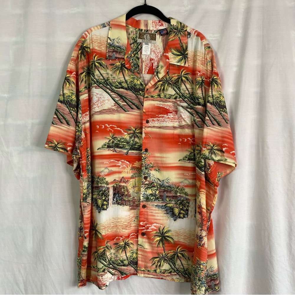 Kalaheo Hawaiian USA Shirt Orange Coral Green Rayon Palm Trees Beach 3XL
